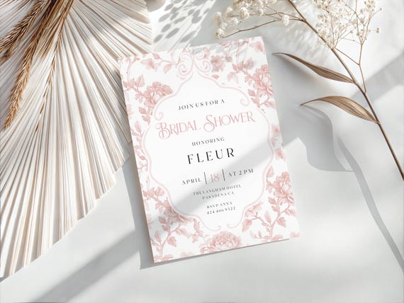 Blush Toile Bridal Shower Invitation: Pink Blooms, (Editable Printable) Instant Download #ptb