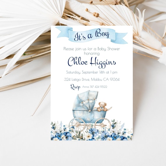 Blue Stroller Baby Shower Invitation: Vintage Teddy Bear Design (Printable Template)