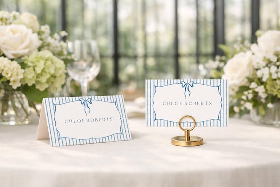 Blue Striped Place Card, Coastal Wedding/Shower Name Card (Editable Printable) Instant Download #vtb