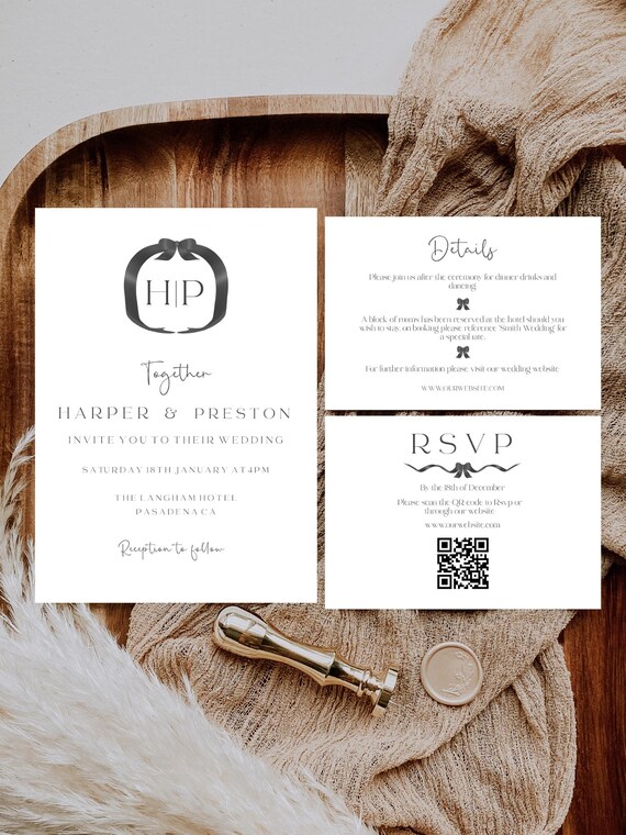 Modern Bow Wedding Invitation Set: Minimalist, Stylish (Printable, Editable ) Instant Download