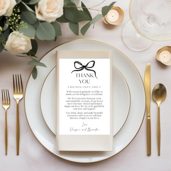 Black Bow Wedding Thank You Place Card Template: Table Thank You (Editable Printable) #BELLA