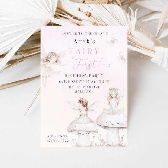 Fairy First Birthday Invitation Template: Elegant Watercolor (Printable)