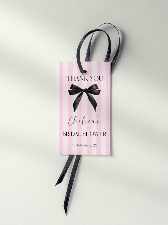 Black Bow Bridal Shower Favor Tag, Pink Striped, Thank You Tag (Editable Printable) Instant Download #vss