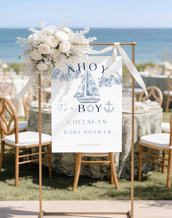 Coastal Boy Baby Shower Welcome Sign, Blue Toile, Boat, Ocean (Editable Printable)  #btb