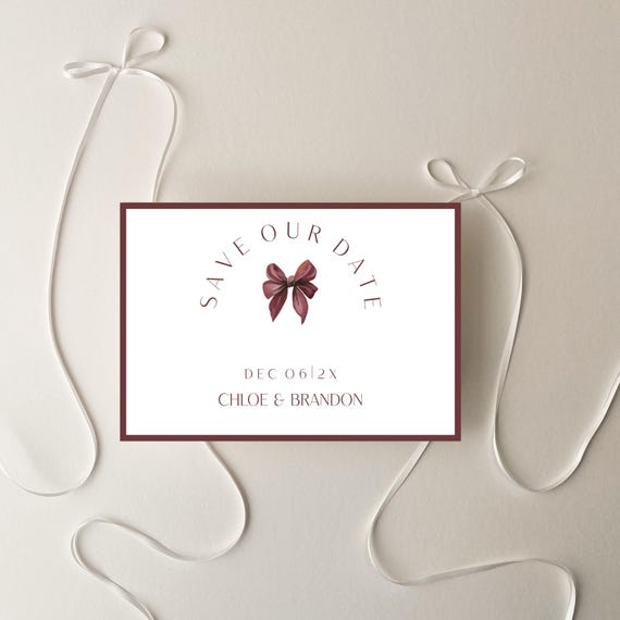Burgundy Bow Save the Date Card Template: Minimalist Wedding (Digital Download)