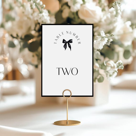 Modern Black Bow Wedding Table Number Template: Minimalist Elegant (Digital Download) Editable, Printable #mmb