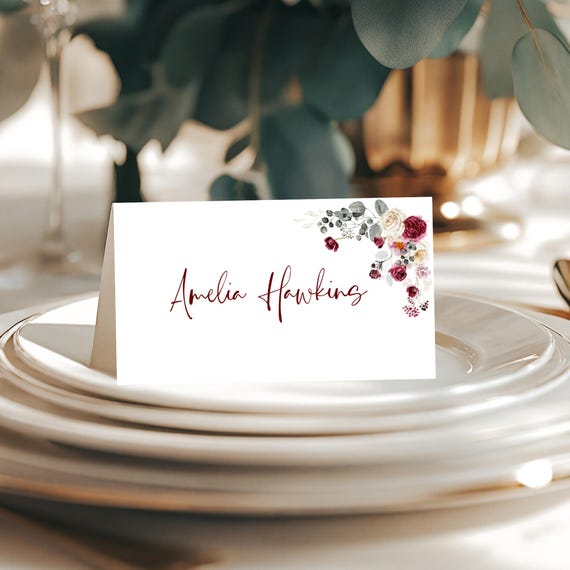 Burgundy Blush Wedding Place Card Template: Floral Tent Fold (Printable, Editable #bur
