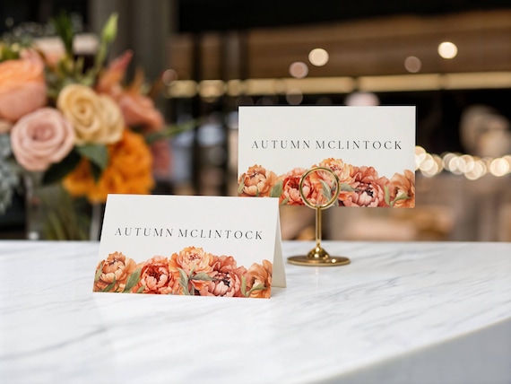 Fall Peonies Wedding Place Card : Elegant Terracotta Floral Name Card  (Editable Printable)  #tfp