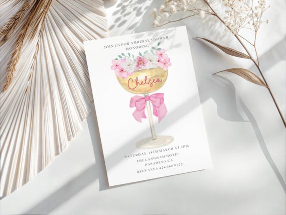 Elegant Champagne Bridal Shower invitation: Pink Bow, Floral (Editable Printable) Instant Download