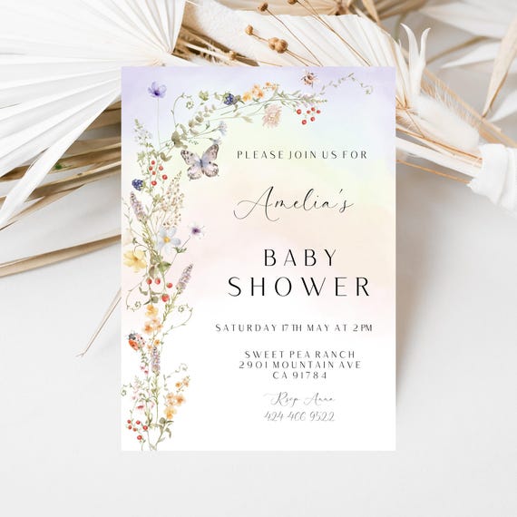 Wildflower Baby Shower Invitation: Spring Floral, Butterfly (Digital Template) Printable #dwf