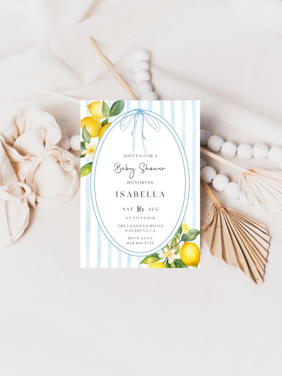 Lemons Baby Shower Invitation Template: Blue Stripes, Bow, Coastal Mediterranean  (Printable, Editable) #obb