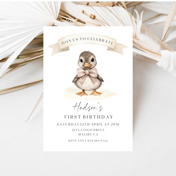 Neutral Duckling First Birthday Invitation Template (Digital Download) Printable