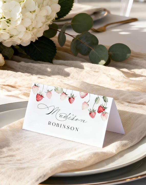 Wild Strawberries Place Card, Dinner Name Card, (Digital Download) Editable, Printable #rgb