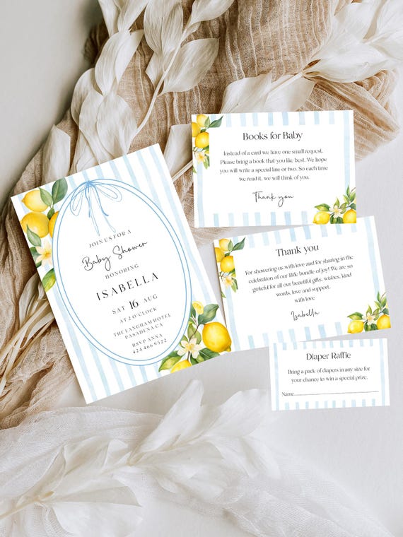 Lemons Baby Shower Invitation Set: Blue Stripes, Bow, Coastal Mediterranean  (Printable, Editable) #obb