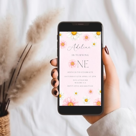 Daisy First Birthday Evite Template: Pink Wildflower Garden Party (Digital Download)