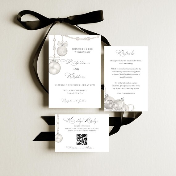 Elegant Christmas Wedding Invitation Suite: Silver Ornament Template (Digital Download) Printable  #sbb