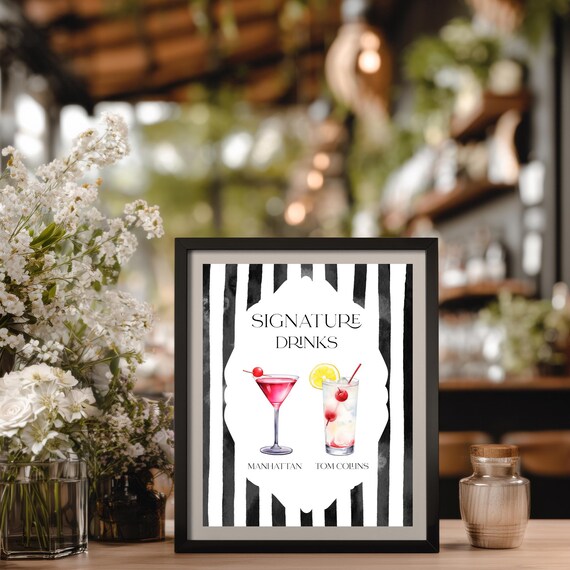 Retro Signature Cocktail Sign Template: Black & White Printable (Digital Download) Editable Drinks