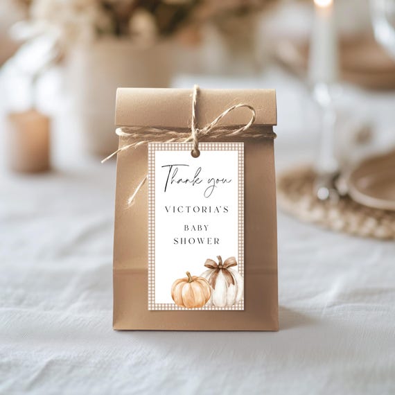 Fall Baby Shower Favor Tags: Pumpkin Gingham Design (Digital Download) #pbs