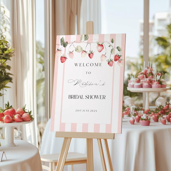 Wild Strawberries Bridal Shower Welcome Sign, Pink Stripes, (Digital Download) Editable, Printable #rgb