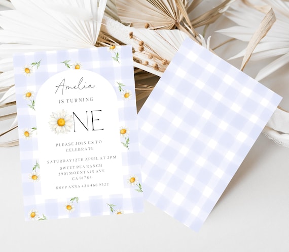Daisy First Birthday Invitation Template: Gingham Print (Digital File) Printable