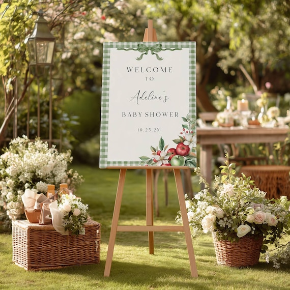 Fall Apple Baby Shower Welcome Sign : Green Gingham, Bow (Editable Printable) Digital Download #app