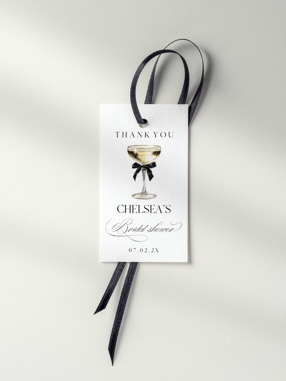 Elegant Champagne Bridal Shower Favor Tag, Black Bow, stylish (Editable Printable) Instant Download #mgs