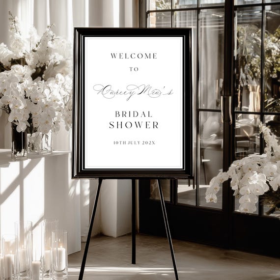 Elegant Script Bridal Shower Welcome Sign Template: Black & White Minimalist (Editable Printable) #DARCEY