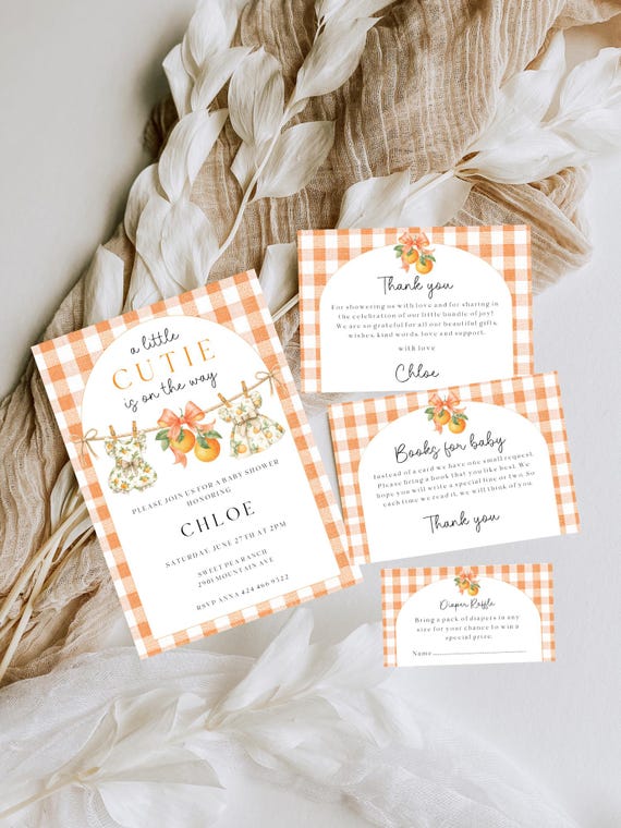 Little Cutie Baby Shower Invitation Bundle, Oranges, Gingham, Clothesline (Editable Printable) #lcb