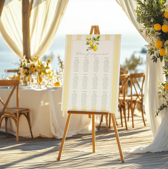 Lemon Wedding Seating Plan Sign, Coastal, Striped, Mediterranean ( Editable Printable ) Digital #lgs