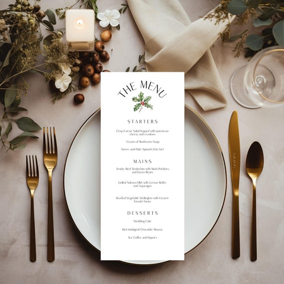 Modern Christmas Holly Menu: Xmas Wedding Menu ( Editable Printable) Minimalist, Digital #chp