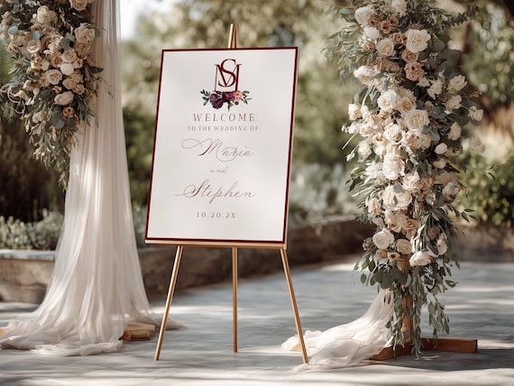 Burgundy Wedding Welcome Sign : Modern Peonies (Editable Printable) Bold Initials #mbp