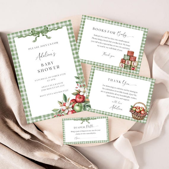 Fall Apple Baby Shower Invitation Set : Green Gingham, Bow (Editable Printable) Digital Download #app
