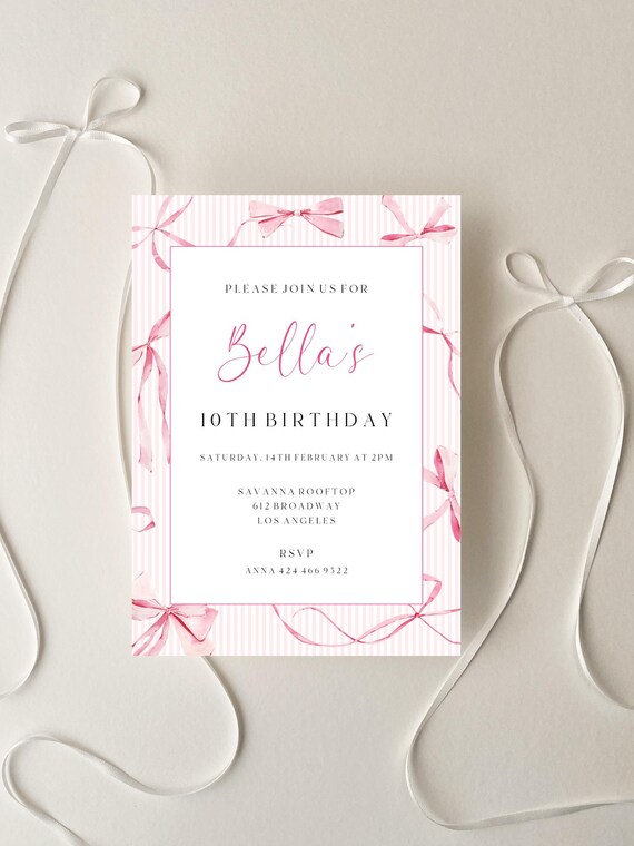 Pink Bows Birthday Invitation, Girls Party Invite, Elegant (Editable Printable) Instant Download