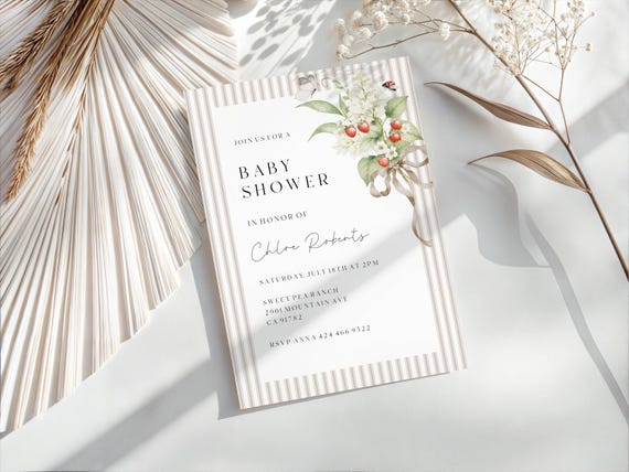 Strawberry Bouquet Baby Shower Invitation, Gender Neutral, Beige Stripes (Editable Printable) Digital #sbp