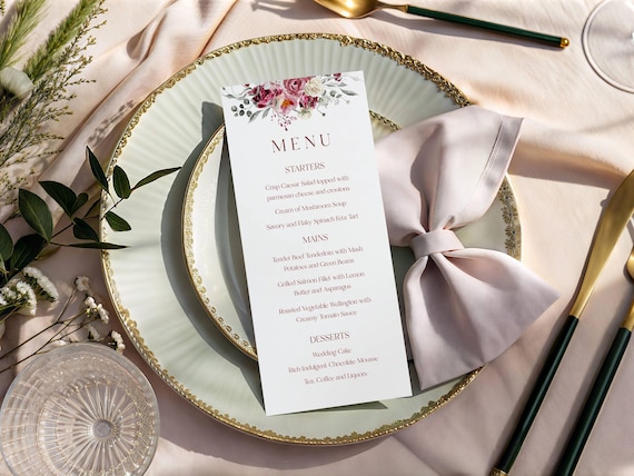 Burgundy Floral Wedding Menu Template, Printable (Editable,Digital) #Bur