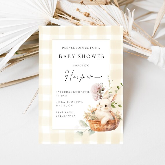 Gingham Bunny Baby Shower Invitation Template (Editable,Printable) #gbb
