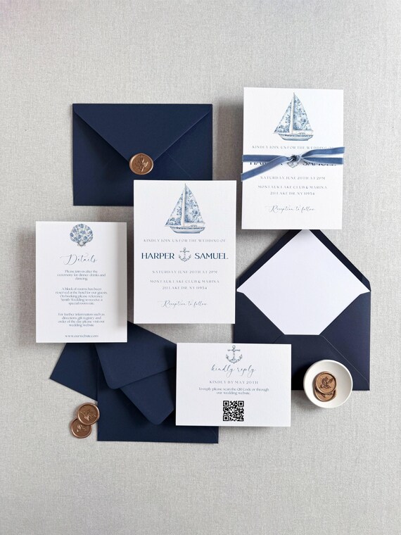 Coastal Sailboat Wedding Invitation Suite, Blue Toile, Ocean (Editable Printable) Instant Download #btb