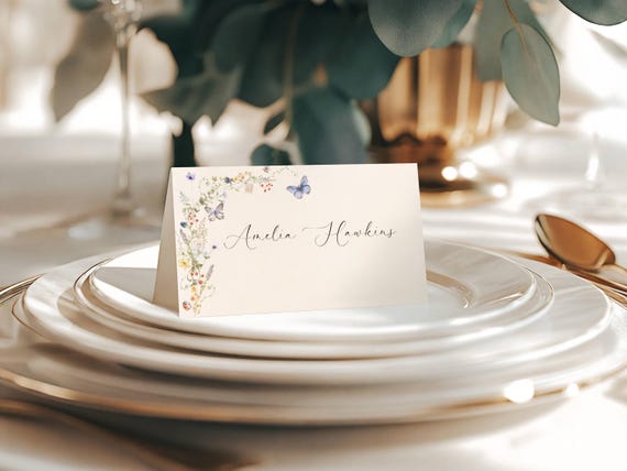 Wildflower Place Card, Floral Wedding Name Cards, Folded & Flat (Editable Printable) Digital #dwf
