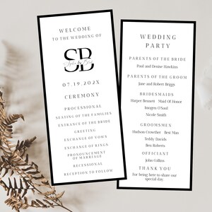 May include: A black and white wedding ceremony program with the date "07.19.202X" and the names "Sophia & Blake" in a monogram. The program lists the order of events for the ceremony and reception, including the processional, seating of the families, entrance of the bride, greeting, exchange of vows, exchange of rings, pronouncement of marriage, recessional, and reception to follow. The program also includes a list of the wedding party, including the parents of the bride and groom, bridesmaids, groomsmen, and officiant.