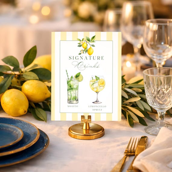 Lemon Signature Drinks Sign, Coastal Bar Menu, Summer Cocktails, Wedding/Shower (Editable Printable) #lgs