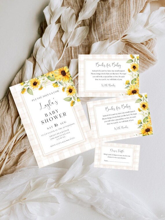Sunflower Baby Shower Invitation Template: Beige Gingham, Gender Neutral (Printable, Editable, Digital) #ssf