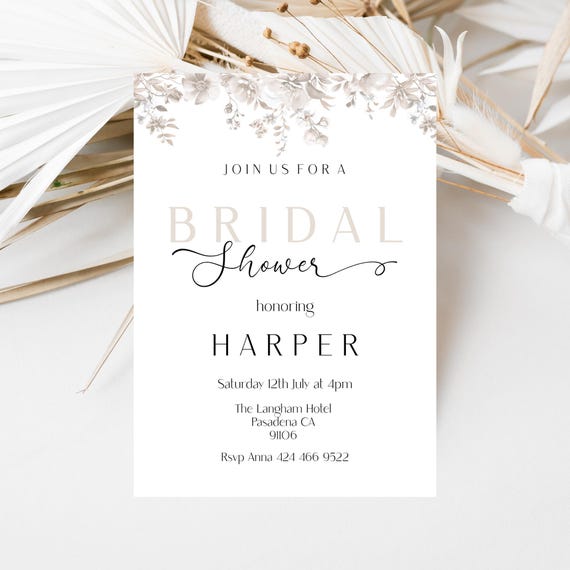 Neutral Floral Bridal Shower Invitation Template (Editable,Printable)