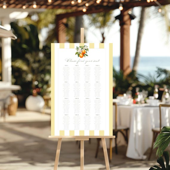 Orange Blossom Wedding Seating Plan Sign, Coastal, Striped, Mediterranean ( Editable Printable ) Digital #ost