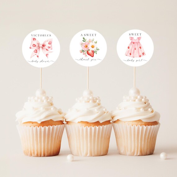 Strawberry Baby Shower Stickers: Editable Favor Tags & Toppers (Digital Download) Printable