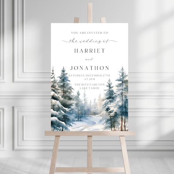 Winter Wedding Welcome Sign Template: Snowy Pine Forest (Printable Digital File) Editable #wfw