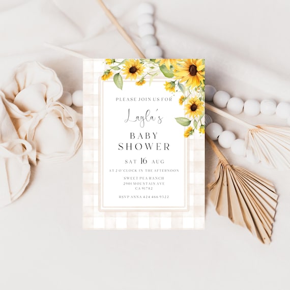 Sunflower Baby Shower Invitation Template: Beige Gingham (Printable, Editable) #ssf