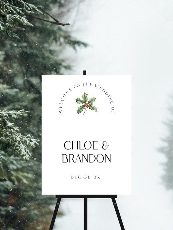 Modern Christmas Wedding Welcome Sign: Holly, Minimalist, Festive ( Editable Printable ) Instant Download #chp