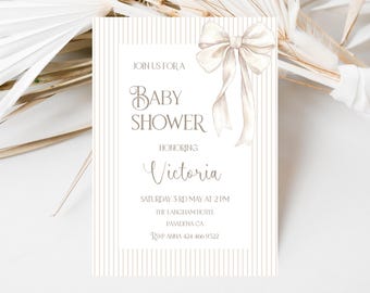 May include: A white and beige baby shower invitation with a watercolor bow on a striped background. The invitation reads "Join us for a Baby Shower Honoring Victoria Saturday 3rd May at 2 PM The Langham Hotel Pasadena CA RSVP Anna 424 400 9522"