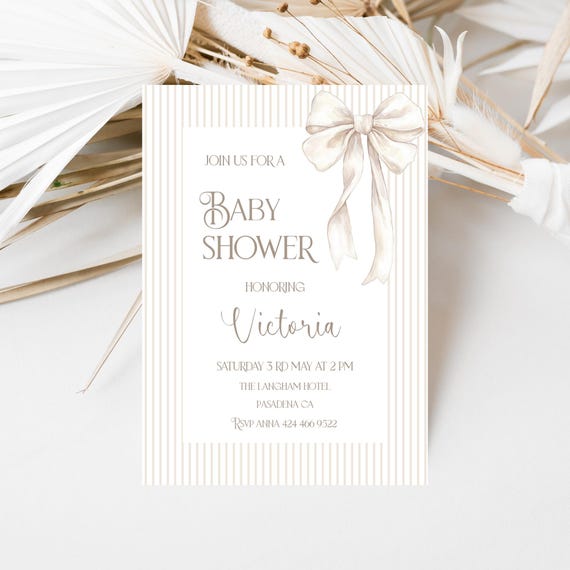 Beige Bow Baby Shower Invitation Template: Pinstripe Vintage Design (Edit & Print) #vps