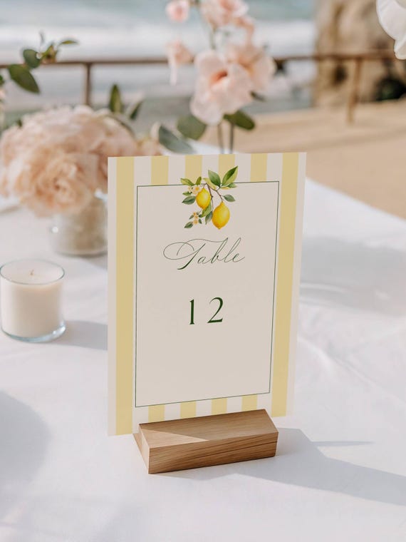 Lemons Table Number: Shower/Wedding Table Sign, Coastal, Striped, Mediterranean (Editable Printable) Digital #lgs